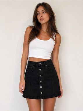 American Eagle Black Button Front Denim Mini Skirt | High Rise A-Line